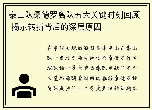 泰山队桑德罗离队五大关键时刻回顾 揭示转折背后的深层原因